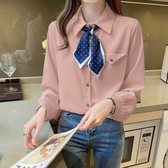 Long-Sleeve Plain Chiffon Blouse - Picture 2 of 3